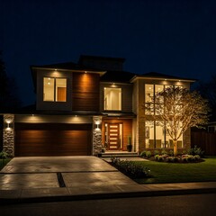 Modern home at night with warm lighting showcasing architectural details. Clean landscaping & inviting entrance create a sense of curb appeal.