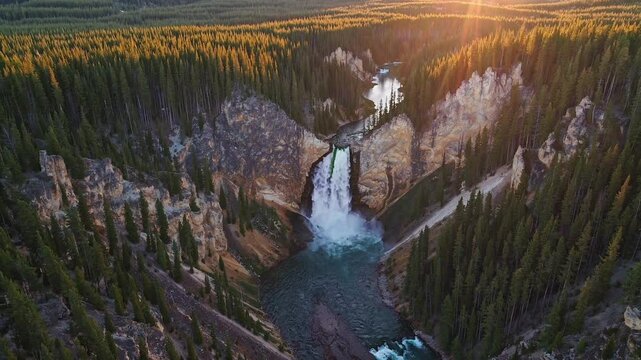 CGI drone aerial view of Yellowstone National Park&rsquo;s waterfall at sunrise&mdash;perfect for capturing stunning natural beauty, dramatic landscapes, and iconic geothermal features.