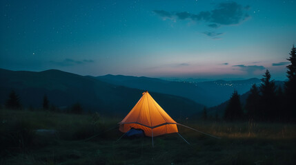 A lone tent under green auroras in the mountains, a serene escape under the stars