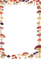 Cartoon children's forest rectangular frame. Autumn mushrooms fly agarics on a transparent background. Retro cute illustration for design of printing, photos, invitations, postcards.