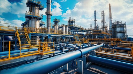 Fototapeta premium Complex Industrial Pipeline System with Yellow Pipes and Steel Structures in Factory Setting