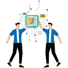 Semiconductor and computer chip supply chain, Two businesswoman cooperation computer chip with creative for solution shortage electronics manufacturing problem