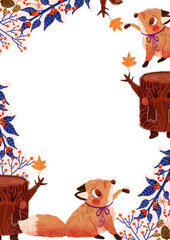 Cute rectangular botanical decorative frame. Animals in autumn forest children illustration. Border seasonal November folk design. Yellow leaves, red foxes, blue tree branches