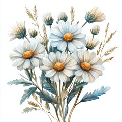 Watercolor Bouquet of White Flowers and Foliage