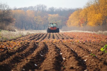 Fototapeta premium Tractor plowing fertile soil in field, preparing for next season, surrounded by colorful autumn trees