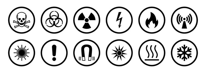 Set of warning icons for toxic, biohazard, radiation, electric shock, fire, radio waves, laser, caution, magnet, cold, and heat. Hazard symbols in circle outline on white background. Biohazard, icons.