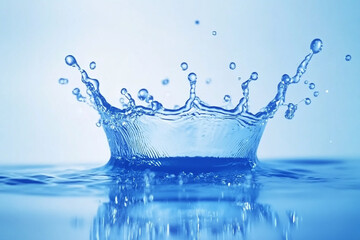 A clear water splash forming a crown shape against a light blue background