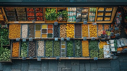 Fototapeta premium Overhead view of a vibrant market stall overflowing with an array of colorful, fresh vegetables, olives, and legumes neatly organized in wooden crates.