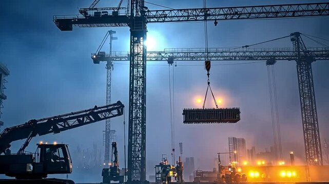 Building a New Skyline: Majestic construction cranes reach skyward, orchestrating the symphony of urban development under a moody atmosphere of low light.