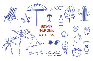 Hand draw summer collection. Palm, ice cream, sea. Crayon drawing style, Italian la dolce vita card