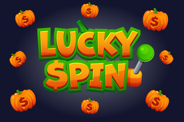 Game banner with pumpkins and Logo LUCKY SPIN. Lucky Spin- Bonus Popup for 2D games. 2D game asset. Halloween themed.