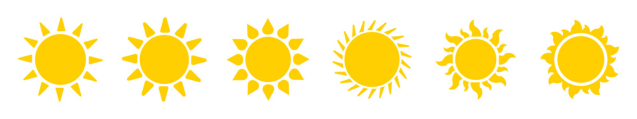 Sun vector set of six in yellow color isolated on white background. Sun simple icons collection, sunshine and solar glow, morning, sunrise or sunset. Vector illustration.