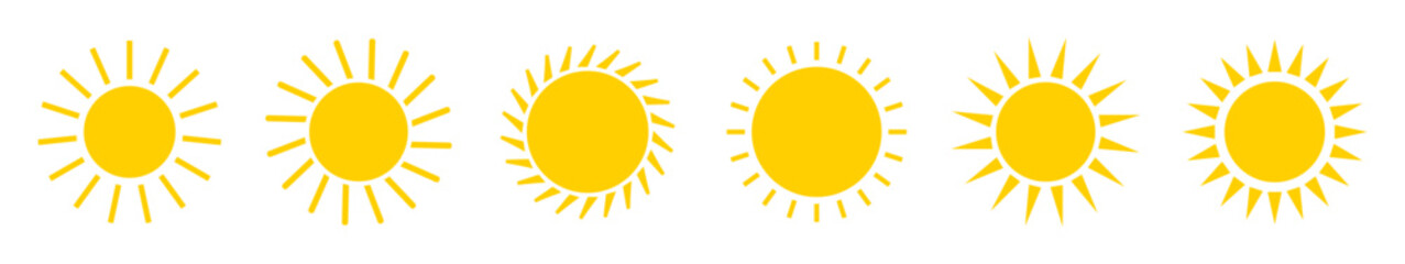 Sun vector icon set of six in yellow color isolated on white background. Sun simple icons collection, sunshine and solar glow, morning, sunrise or sunset. Vector illustration.