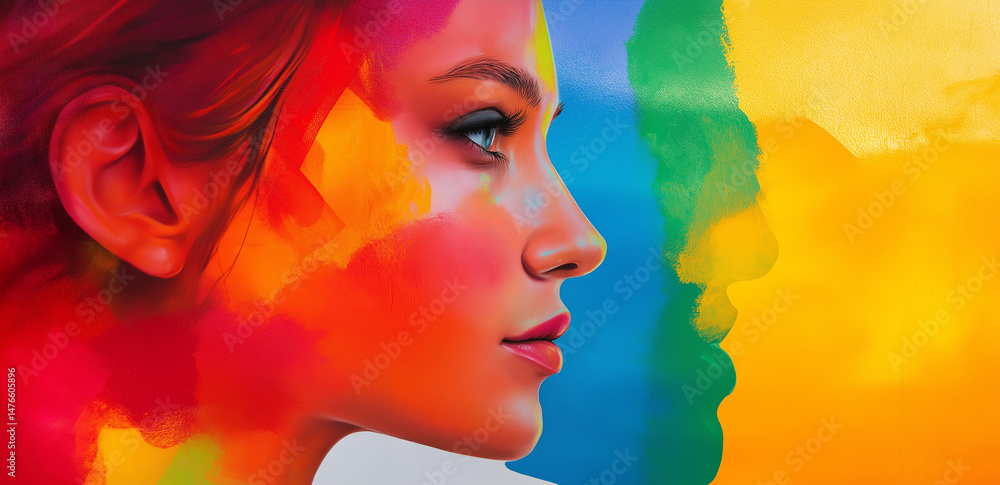 Poster a colorful background highlights the woman's profile, creating a dreamy and mysterious artistic atmo