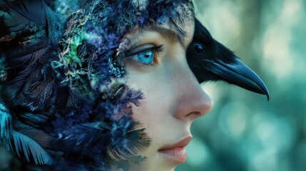 Enigmatic portrait of woman with raven symbolism evoking mysterious transformation