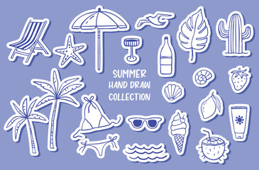 Fototapeta premium Hand draw summer collection. Palm, ice cream, fruits. Crayon drawing style, Italian. Stickers
