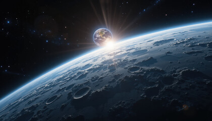 Fototapeta premium Bright sunrise over Earth seen from moon cratered surface with stars shining in dark space