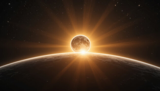 Sunrise behind moon with glowing light and starry space background, creating dramatic and inspiring cosmic scene