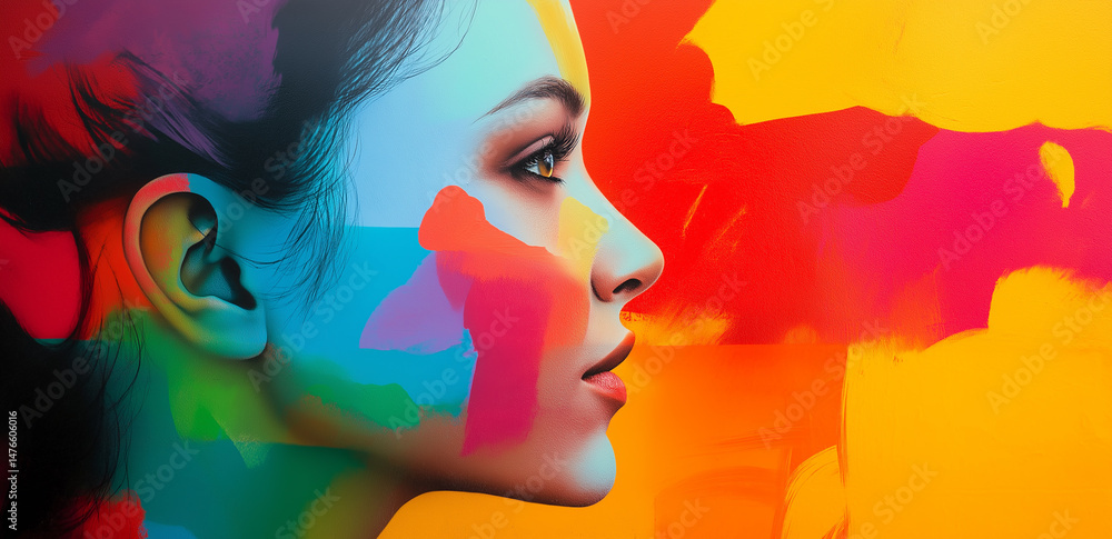 Poster a colorful background highlights the woman's profile, creating a dreamy and mysterious artistic atmo