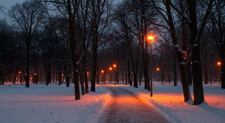 Enchanting winter landscape with snow-covered trees and glowing street lights