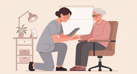 Nurse Assisting Senior Woman with Healthcare in Her Room