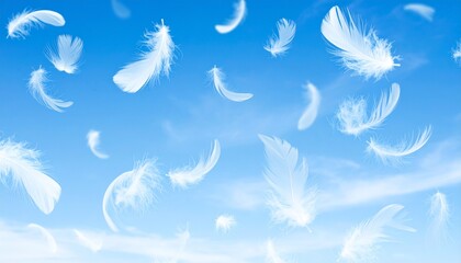 青い空に白い羽が舞う背景素材。AIで生成	