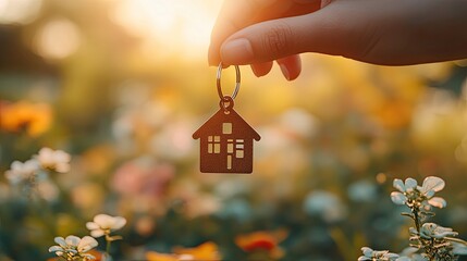 A hand holding house-shaped keychain in a garden setting.