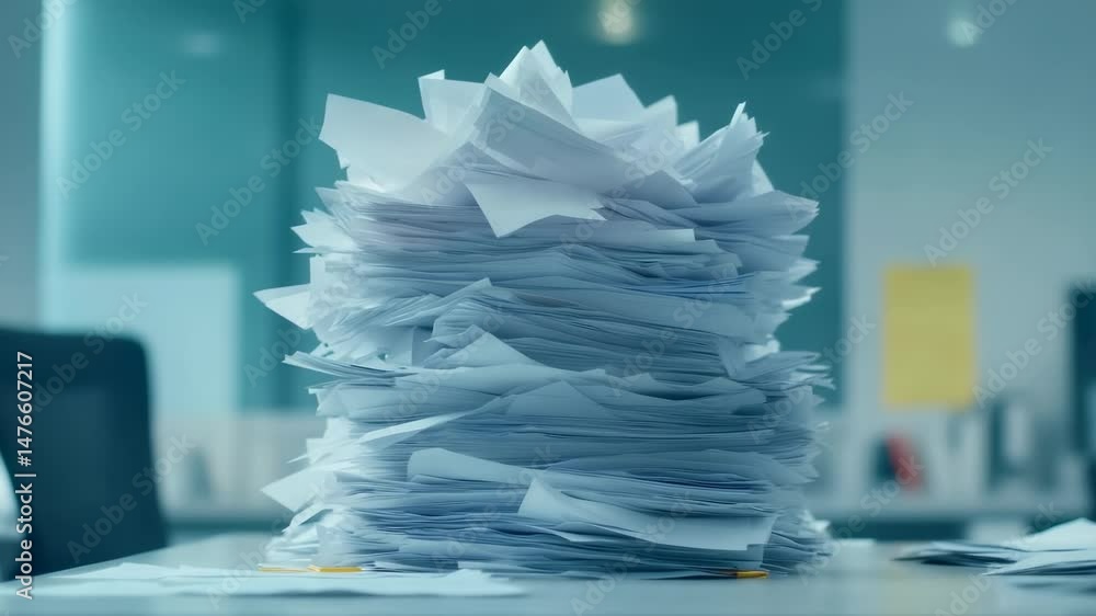 Poster large stack of unorganized white papers is sitting on a desk in an office environment, representing 
