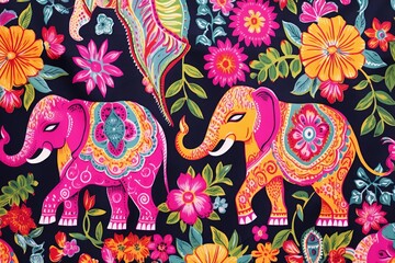 Obraz premium Vibrant pattern featuring stylized pink and yellow elephants surrounded by colorful flowers and foliage on a dark background.