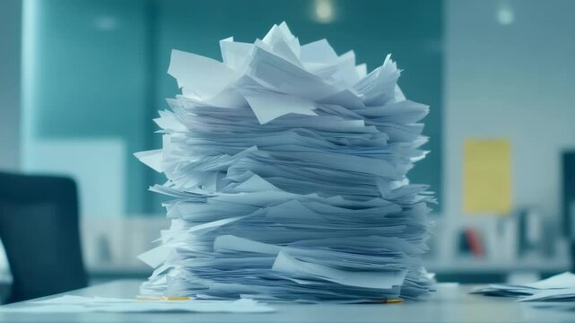 Large stack of unorganized white papers is sitting on a desk in an office environment, representing the concept of administrative overload and paperwork burden