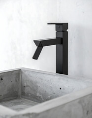 Minimalist aesthetic featuring a concrete sink with a sleek, black faucet. Modern bathroom design, perfect for architectural or interior design projects. Clean, stylish, and contemporary.