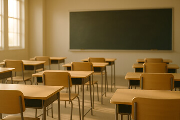 Empty Classroom with Desks and Blackboard in Natural Light Education Concept