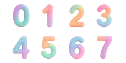 Cotton candy Soft pastel colored fluffy numbers from  0, 1, 2, 3, 4, 5, 6, and 7 in gradient hues : Numbers designed in a plush, fuzzy texture with smooth rainbow pastel transitions