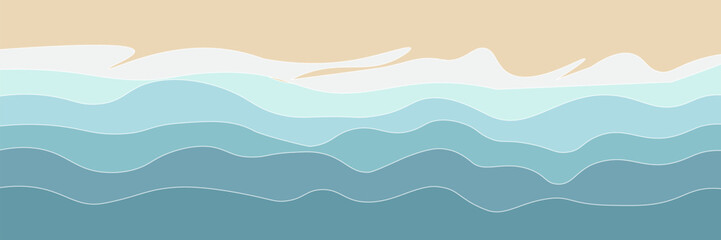 Abstract summer background with art illustration of sea beach top view. Tropical coast landscape with beautiful calm relaxing seashore beach on a nice sunny day