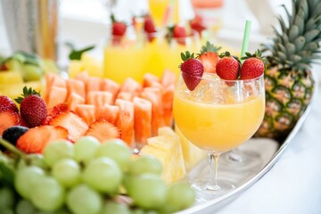 Assortment of cold-pressed juices in wooden crate. glasses of juices next to wooden crate with fresh fruit ingredients on light table. Fresh various smoothie vegetable and fruit juices drinking glass