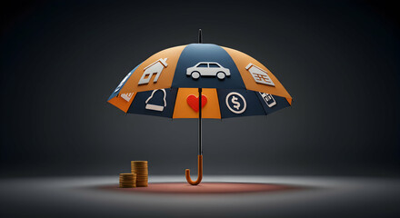 Colorful Umbrella with Iconic Symbols Representing Financial Security