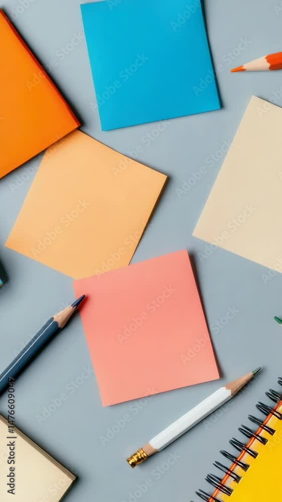 Poster colorful sticky notes and pencils are scattered on a gray surface, creating a vibrant and inspiring 