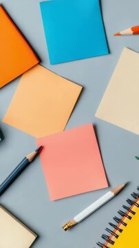 Colorful sticky notes and pencils are scattered on a gray surface, creating a vibrant and inspiring workspace for brainstorming and note taking