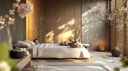 Serene interior with bed and floral accents