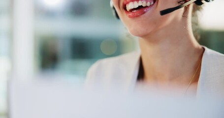 Businesswoman, mouth or document in callcenter with headset, online consultation or finance advice. Consultant, tech and laugh in agency for insurance policy, customer service or read script on paper