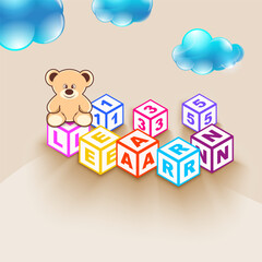 Toy blocks display numbers and letters, spelling LEARN, in vibrant colors
