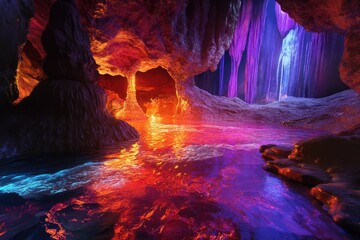 Fototapeta premium Vibrant, otherworldly cave bathed in glowing, colorful light. Water reflects the ethereal hues