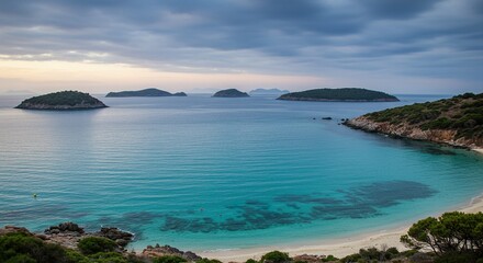 Idyllic turquoise bay with distant islands under a tranquil, cloudy sky