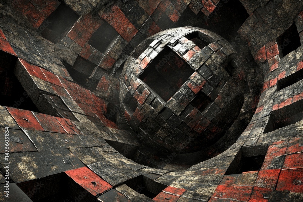 Aufkleber abstract, geometric sphere within a complex, warped structure of blocks
