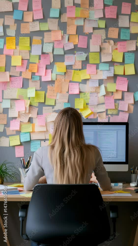 Poster Project manager working intently at desk, computer screen displaying workflow, colorful sticky notes covering background wall, meticulously tracking project details and strategic planning
