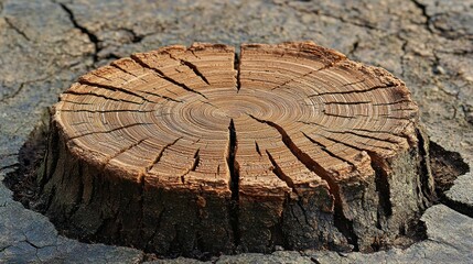Tree stump with concentric rings, cracked bark