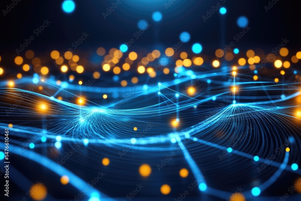 Poster abstract network of interconnected data points. dynamic flow of information, with light blue lines a