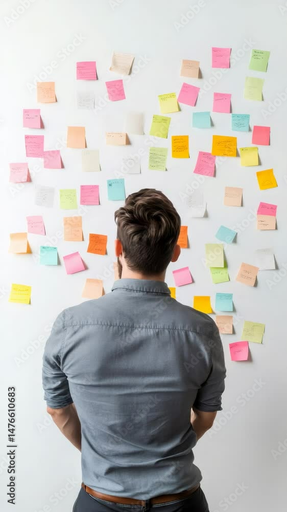 Poster Rear view of a businessman looking at colorful sticky notes attached to a white wall, possibly brainstorming or reviewing ideas and tasks in an office environment