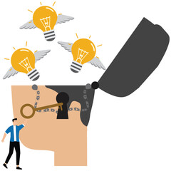 Unlock true potential or new mindset,think about new idea, creativity key to success or career achievement,businessman open head with golden key to unlock potential in human brain