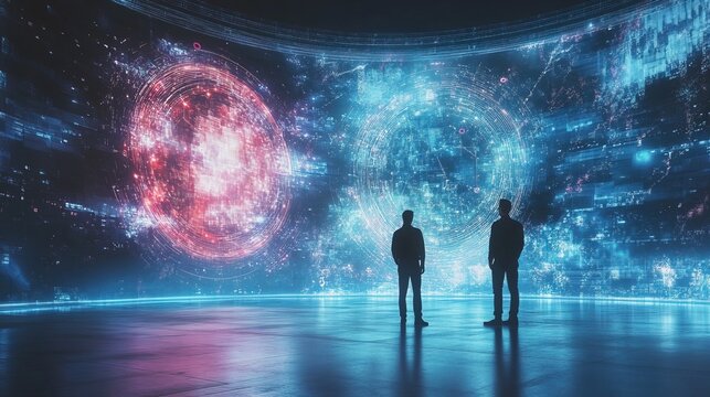 A successful joint venture announcement, partners standing on a futuristic stage, digital projections